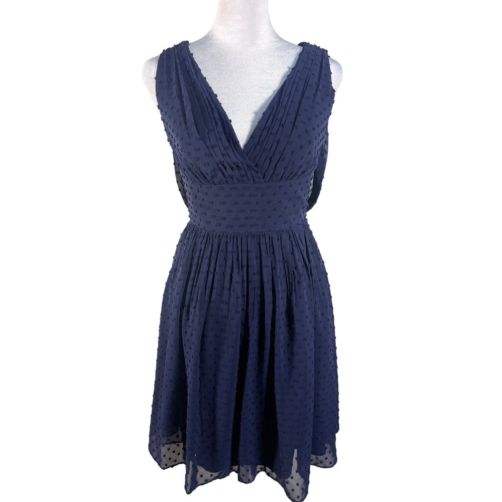 J.Crew Marlowe Chiffon Swiss Dot Dress Size 0Petite Navy Blue Draped Back NWT